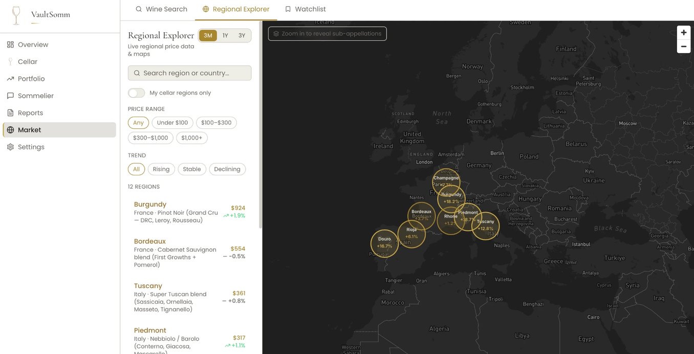 VaultSomm Regional Explorer: a map of European wine regions with 3-month price changes, plus price-range and trend filters over 12 regions