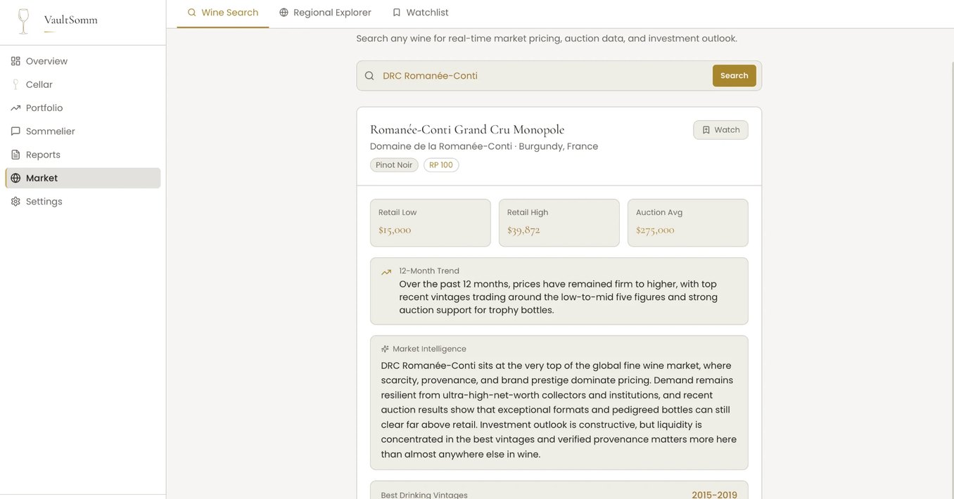 VaultSomm Wine Search result for DRC Romanée-Conti: retail low and high, auction average, a 12-month trend summary, market intelligence and best drinking vintages