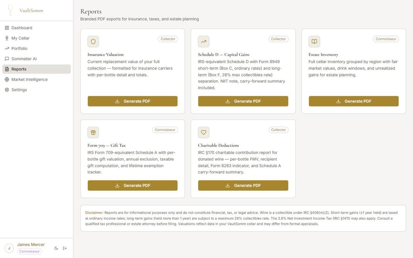 VaultSomm Reports page showing 5 report types including Insurance Valuation and Schedule D