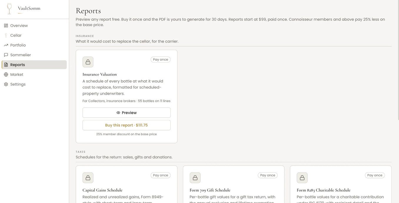 VaultSomm Reports page: Insurance Valuation with a free Preview and a Buy this report button showing the 25% member discount, above the Capital Gains, Form 709 and Form 8283 schedules