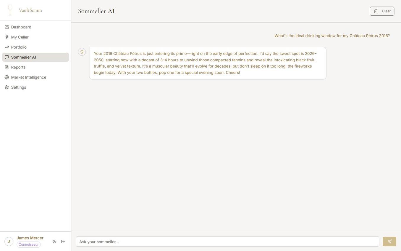 VaultSomm Sommelier AI answering a question about Château Pétrus 2016 drinking window