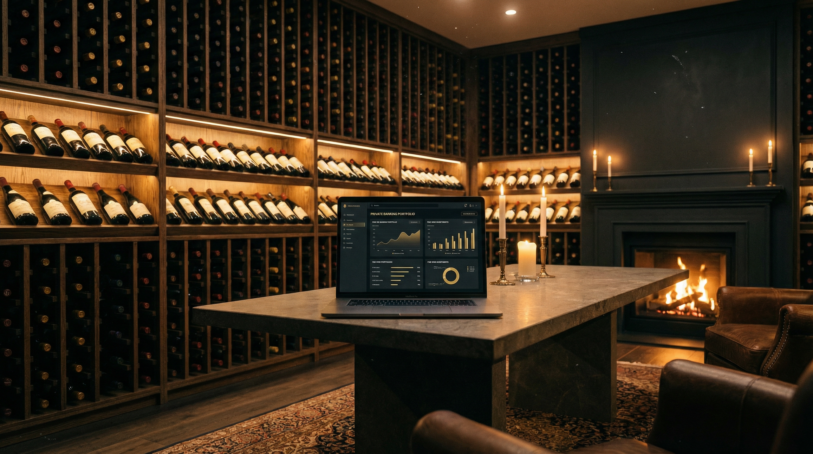 Private wine cellar with VaultSomm portfolio dashboard open on a laptop, surrounded by fine wine bottles on dark wooden racks