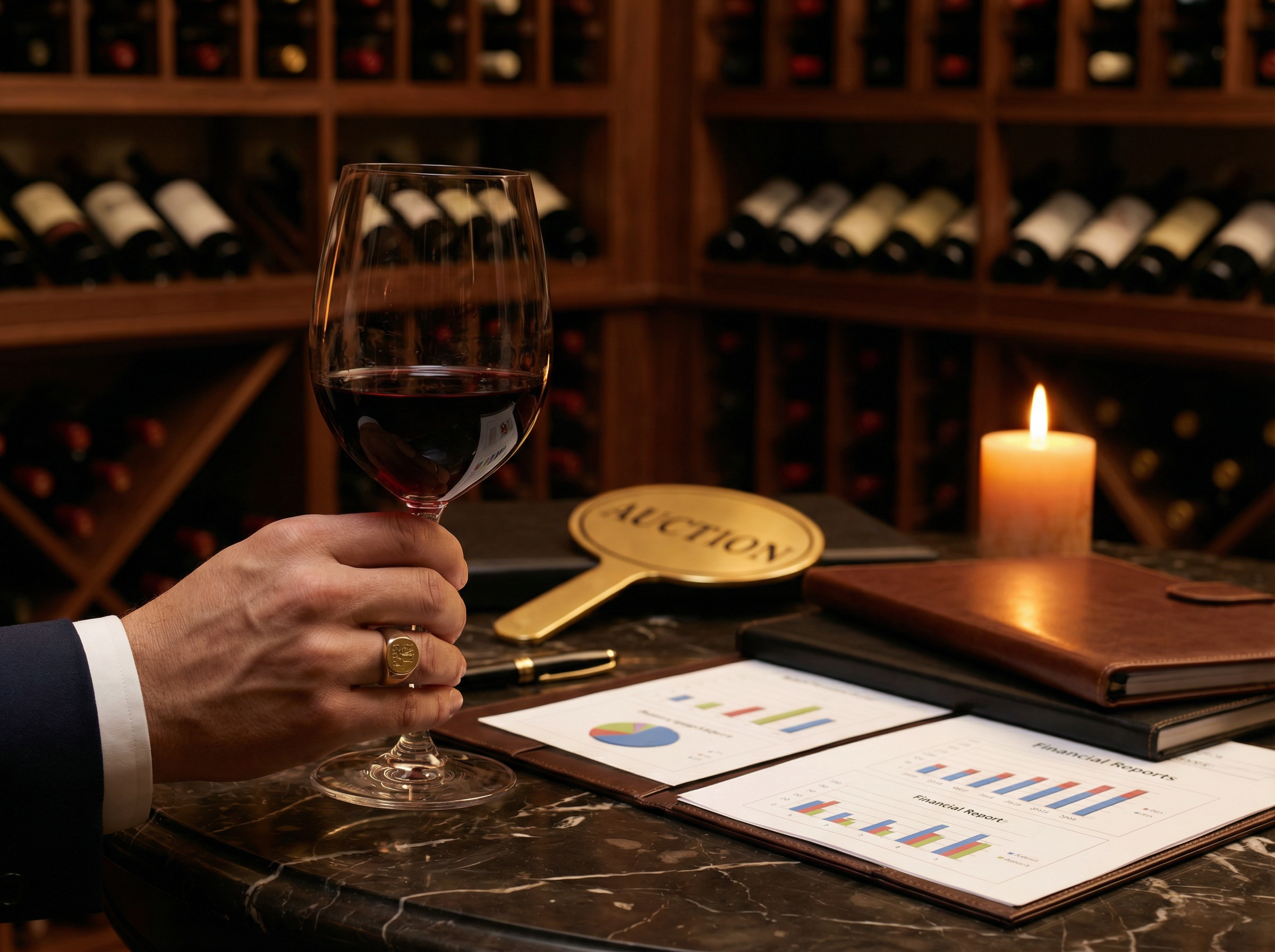 Fine wine glass held alongside auction documents and financial portfolio charts in a private cellar
